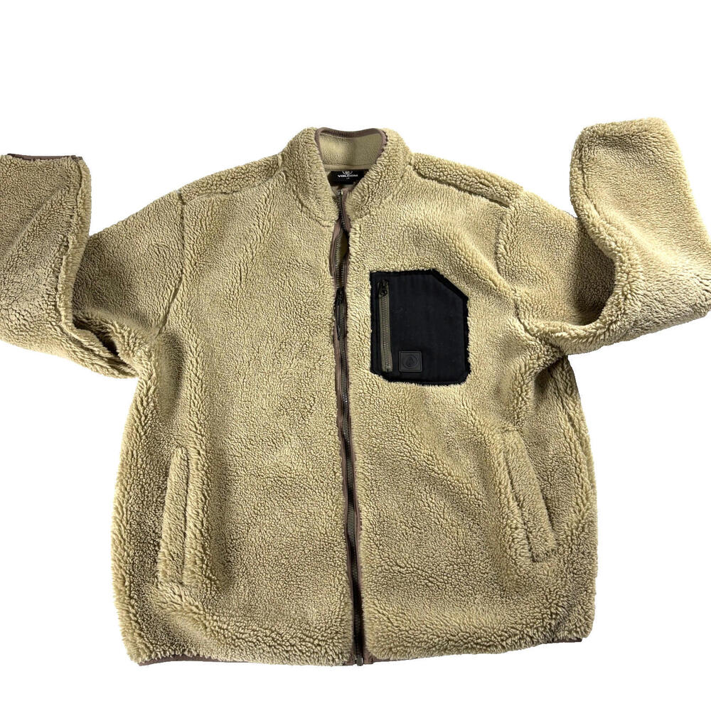Volcom Sherpa Fleece Jacket Mens Large Tan Full Zip Streetwear Outdoor Cozy